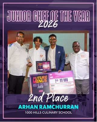 Arhan Ramchurran from 1000 Hills Chef School receiving second place at the Unilever Chef of the Year competition 2026