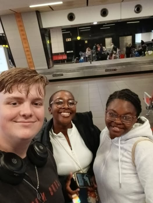 1000 Hills Chef School Class of 2025 graduates Chef Liya, Chef Lerato and Chef Michael at OR Tambo International Airport departing for New Orleans